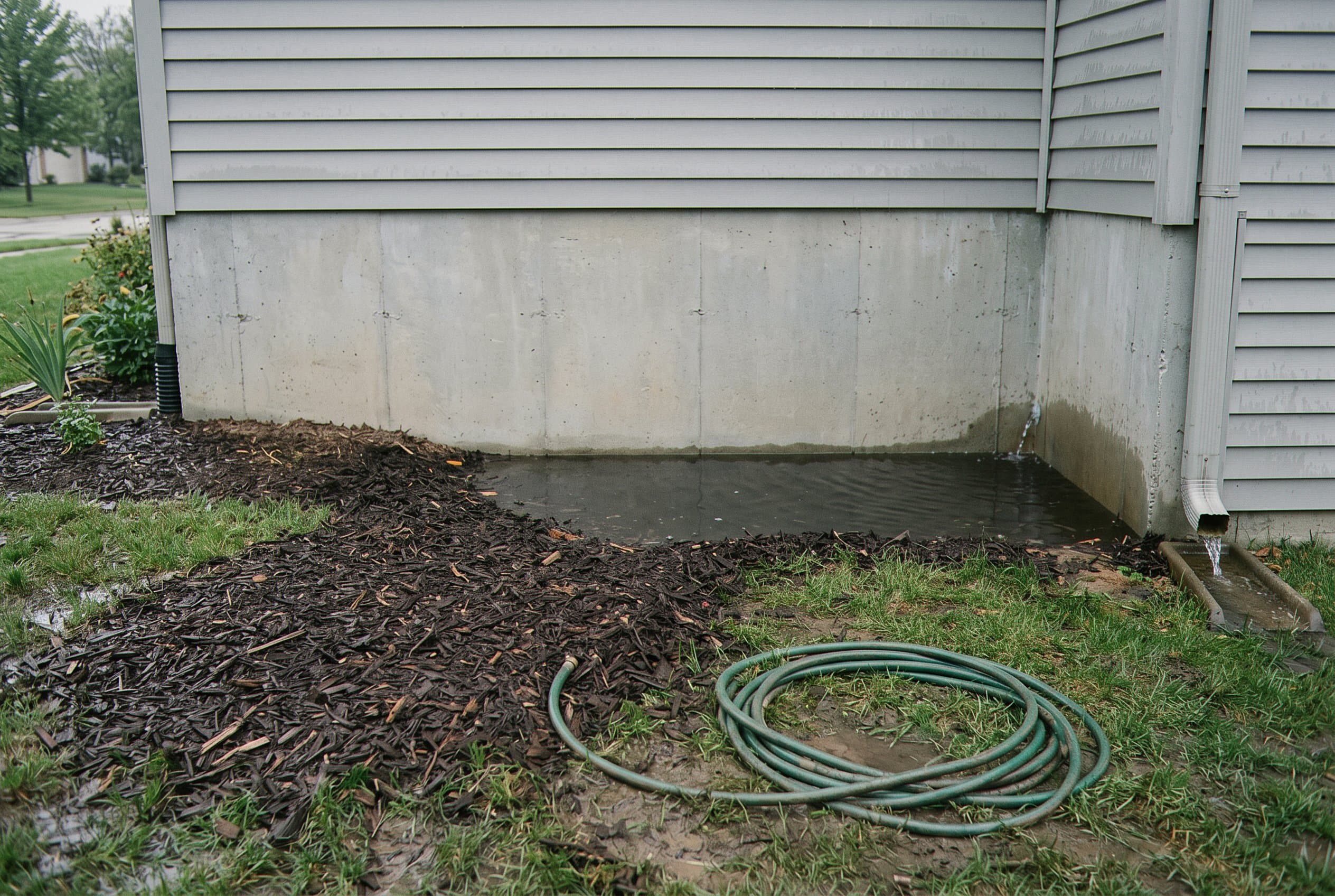 Exterior foundation showing water seepage damage