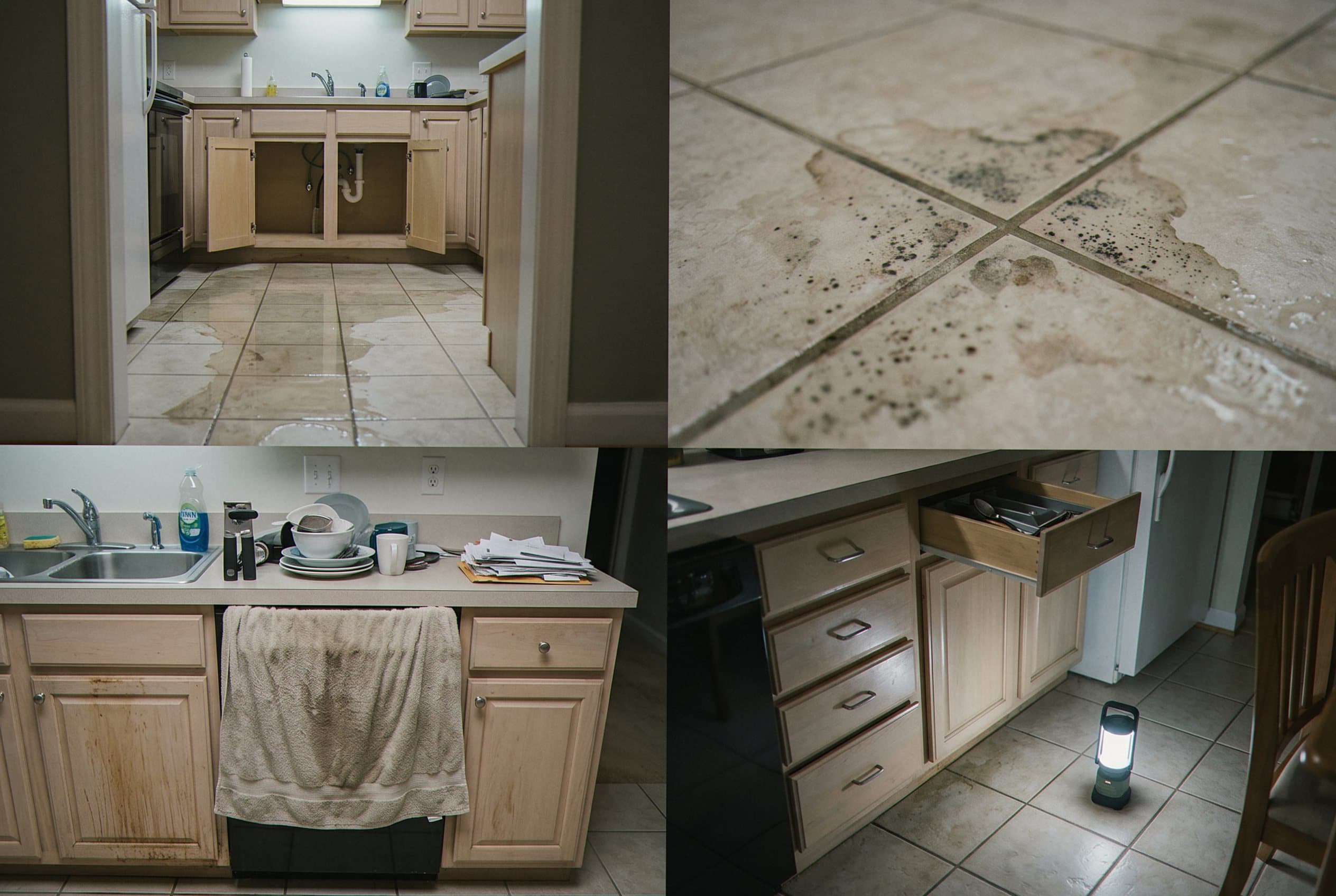 Kitchen flooded from burst water supply line