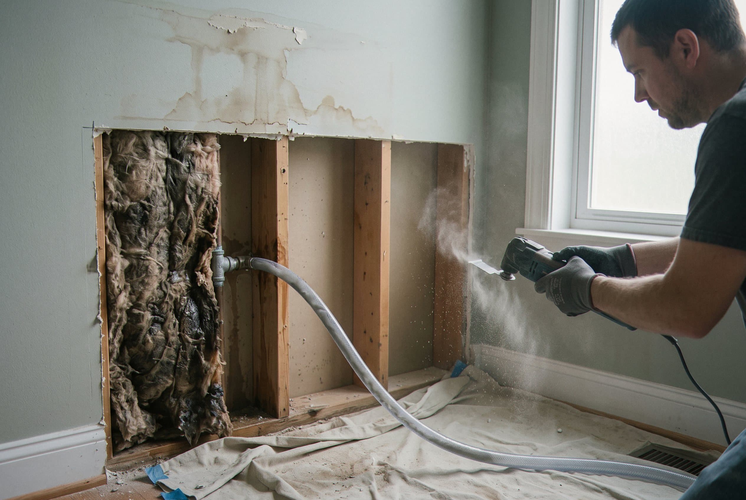 Technician locating and assessing burst pipe damage