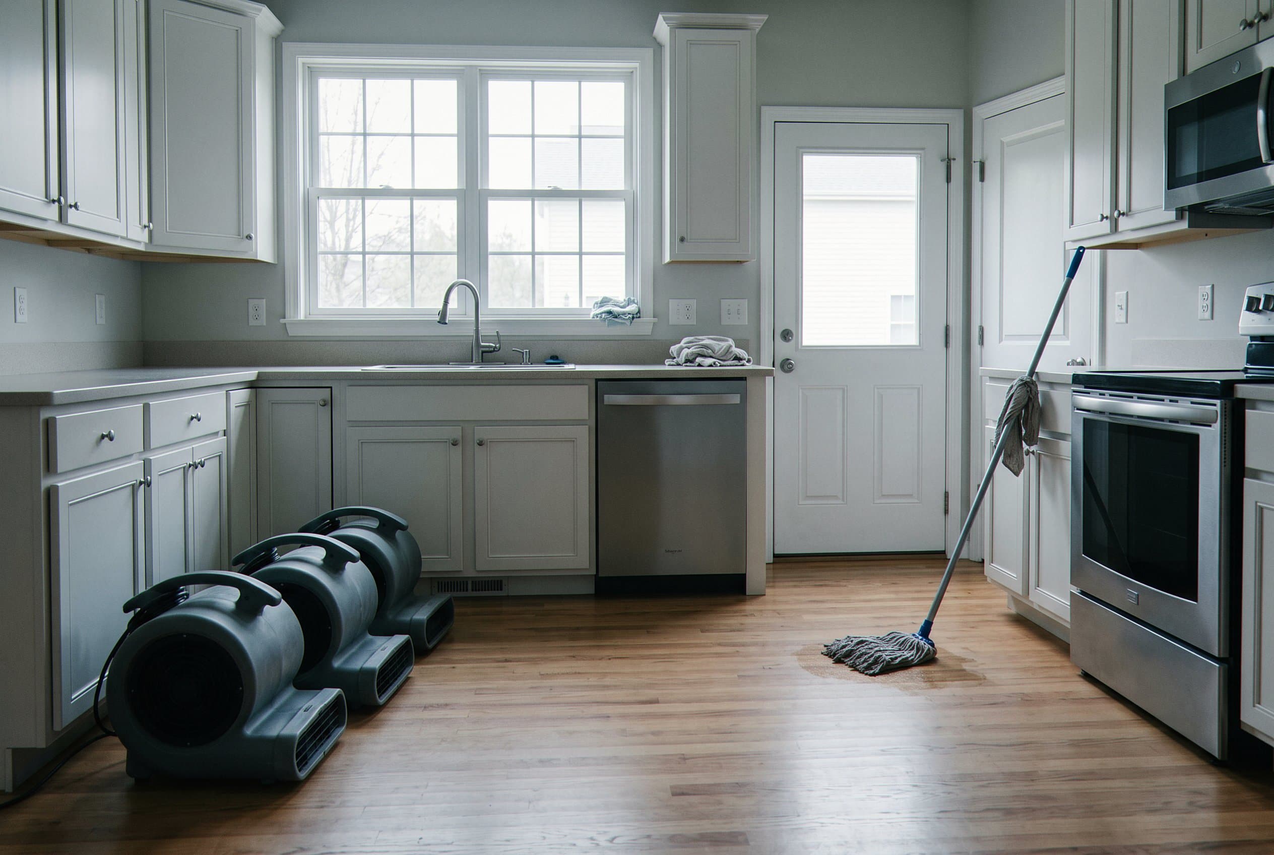 Clean dry basement floor after water removal