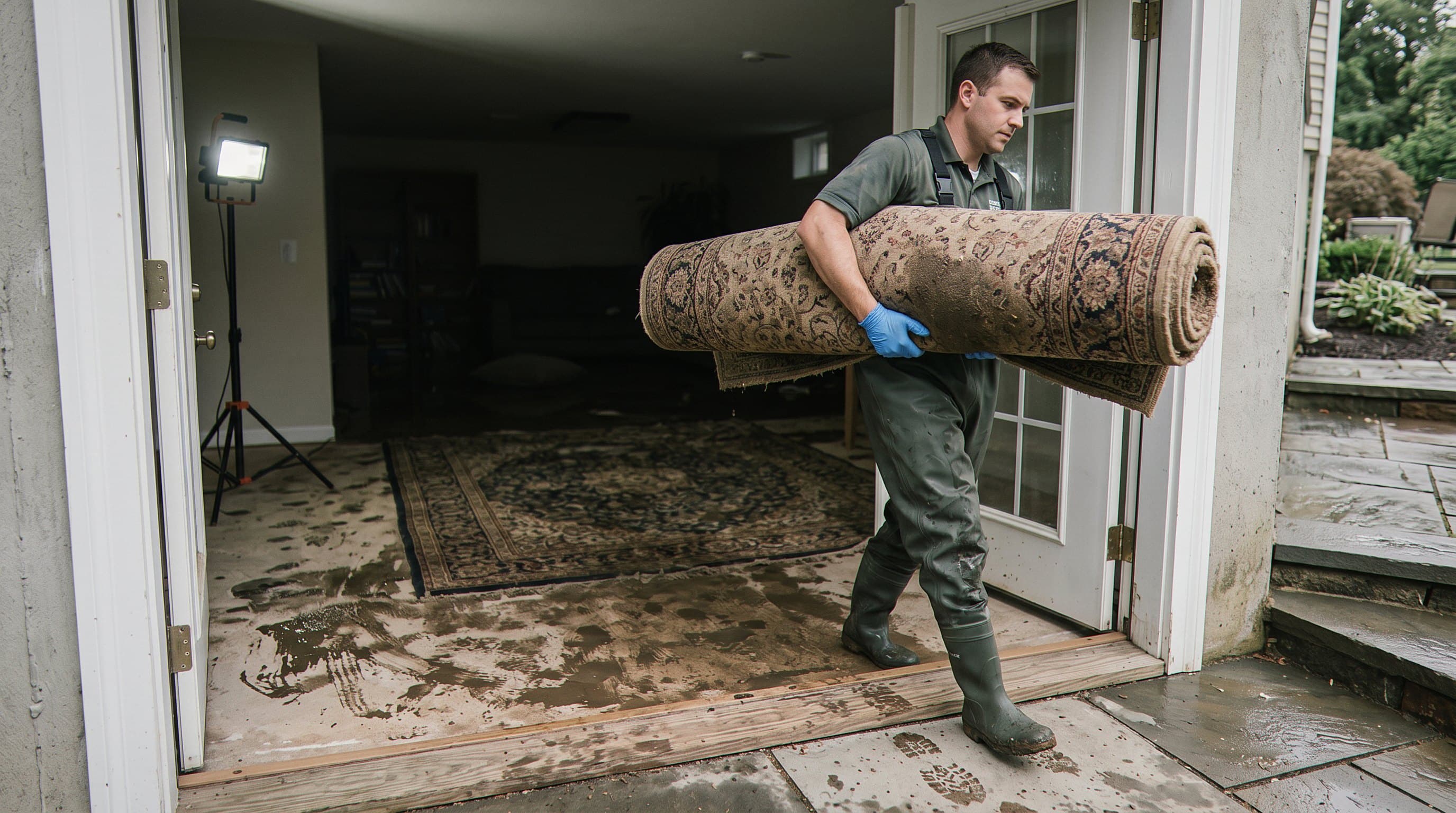Technician removing flooded carpet from damaged room