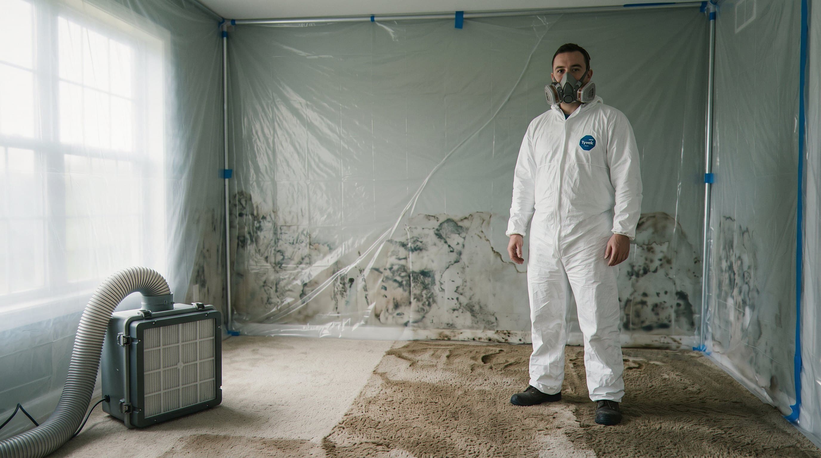 Technician in full protective gear in sealed containment zone