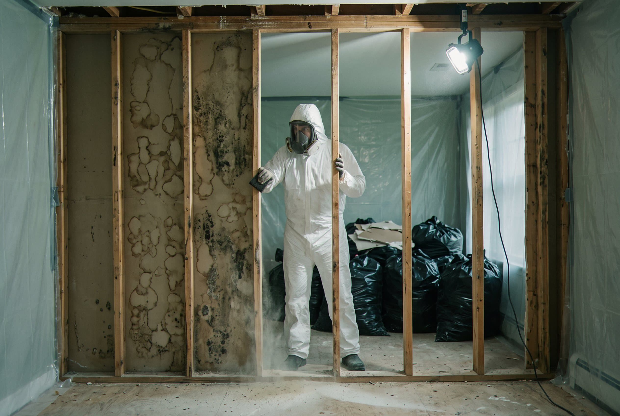 Technician scrubbing and treating affected wall surface