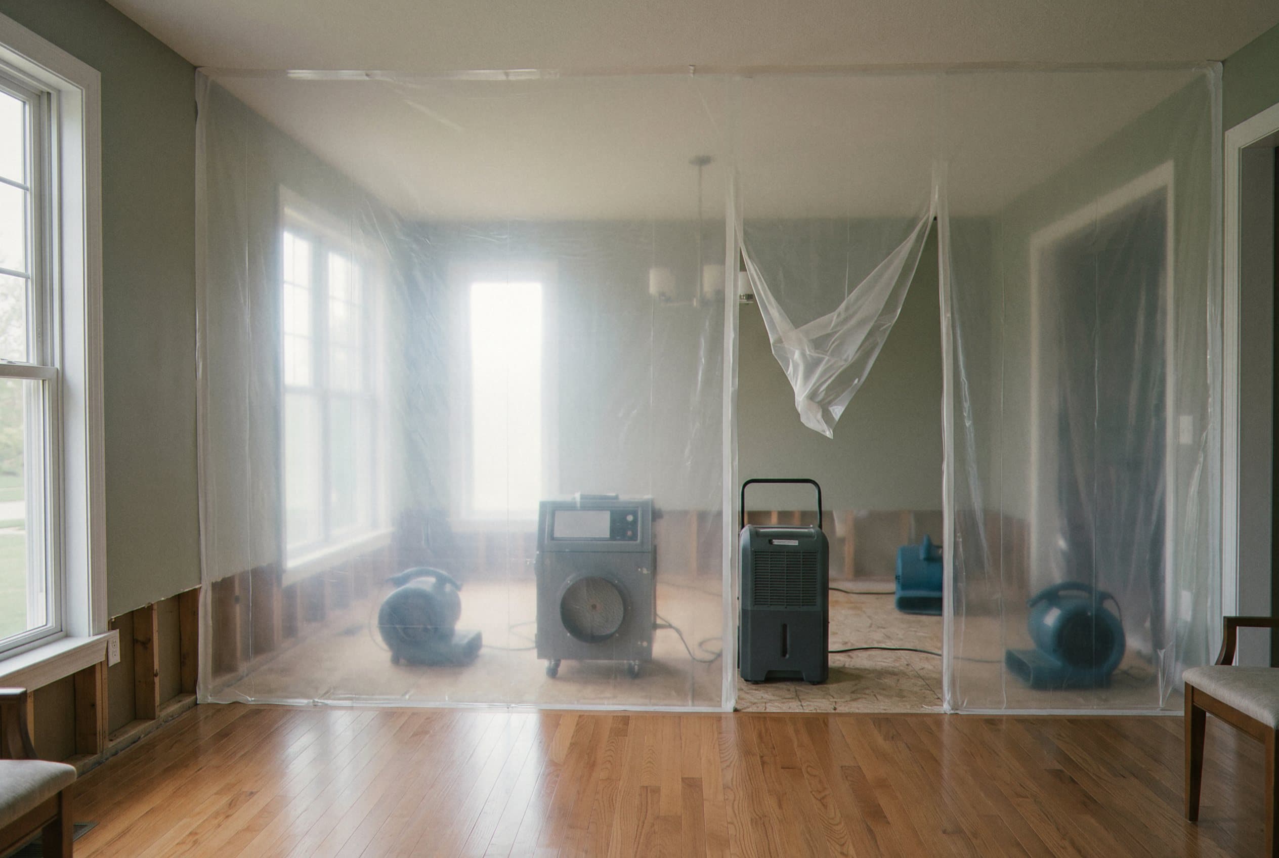 Dehumidifier and air mover equipment in flooded space