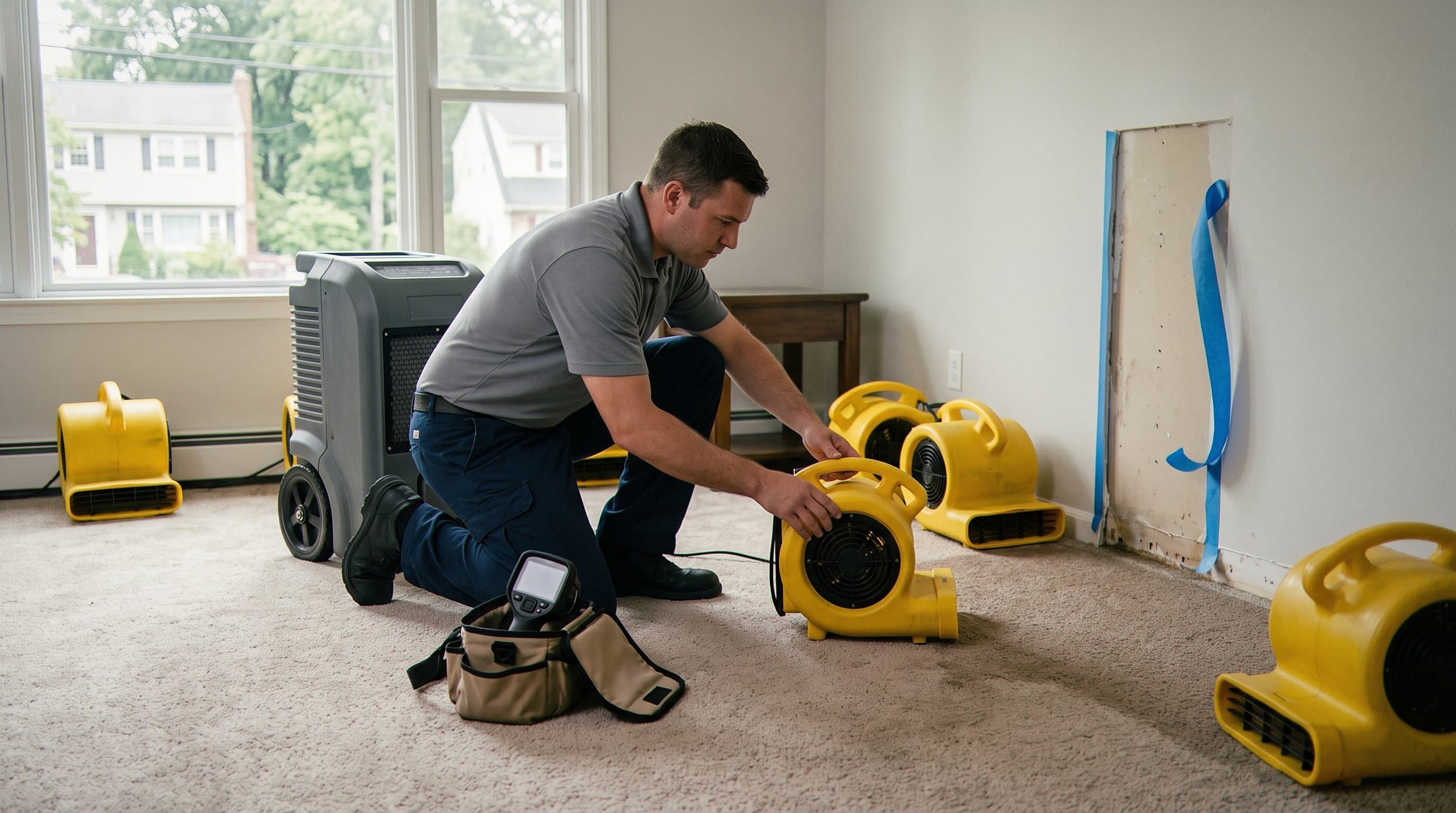Technician in containment zone with dehumidifier equipment