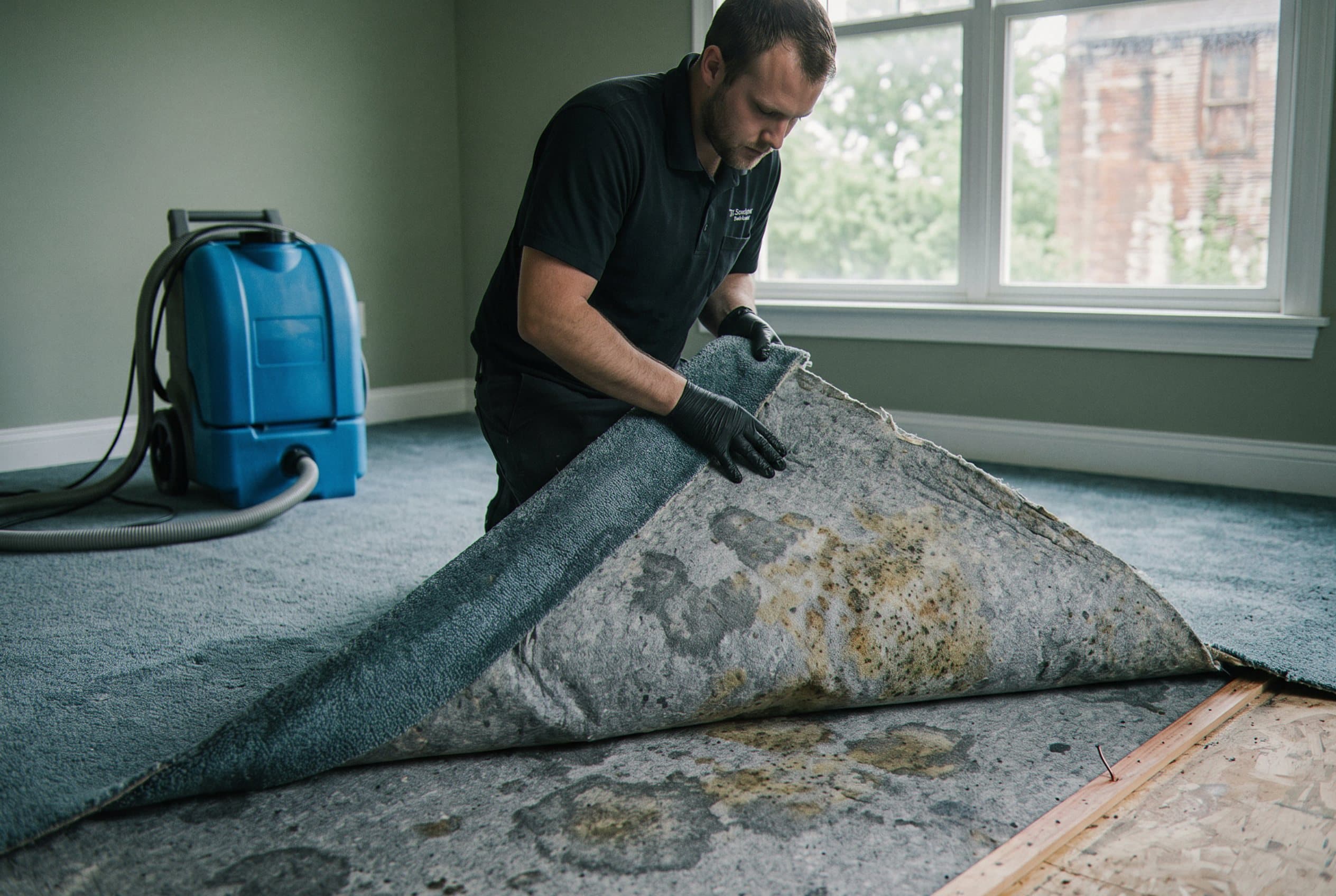 Technician operating extraction unit on flooded floor