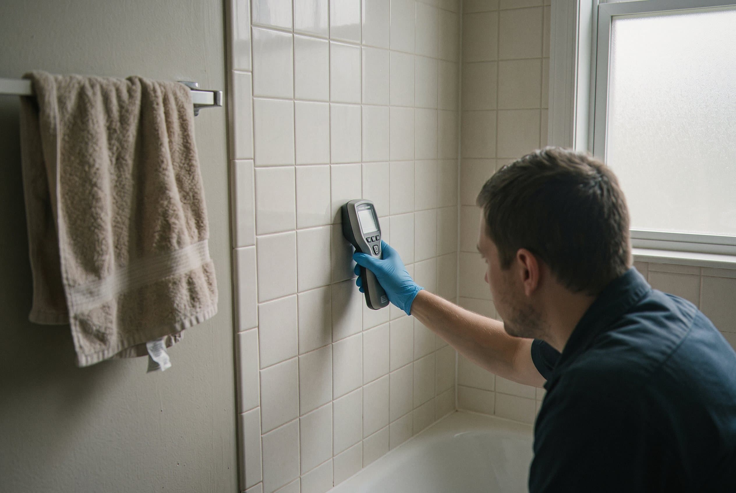 Technician using thermal imaging to find hidden moisture
